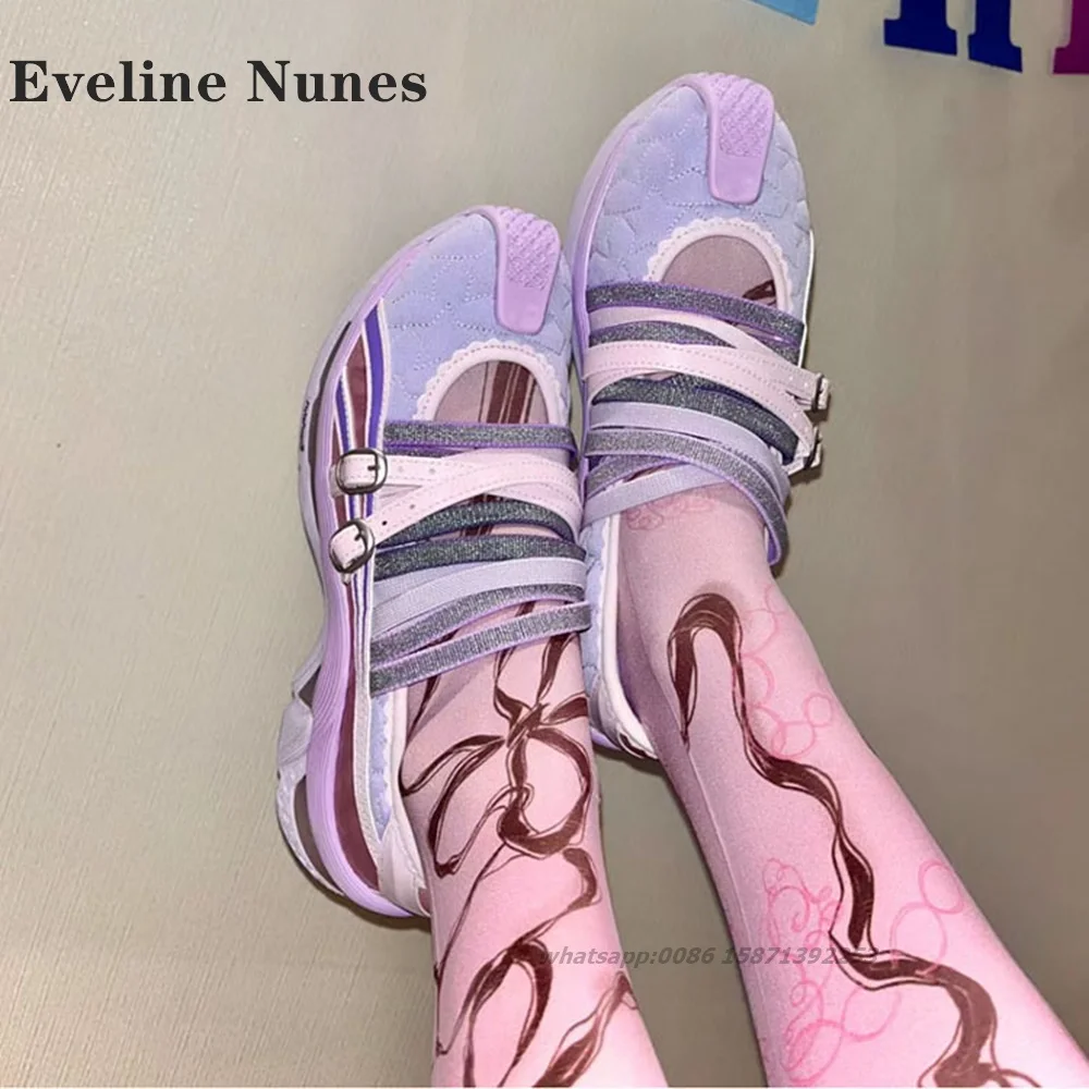 Elastic Band Cross Tied Pumps Round Toe Hollow Patchwork Height Increasing Mary Janes Buckle Strap Mixed Colors Ballet Shoes