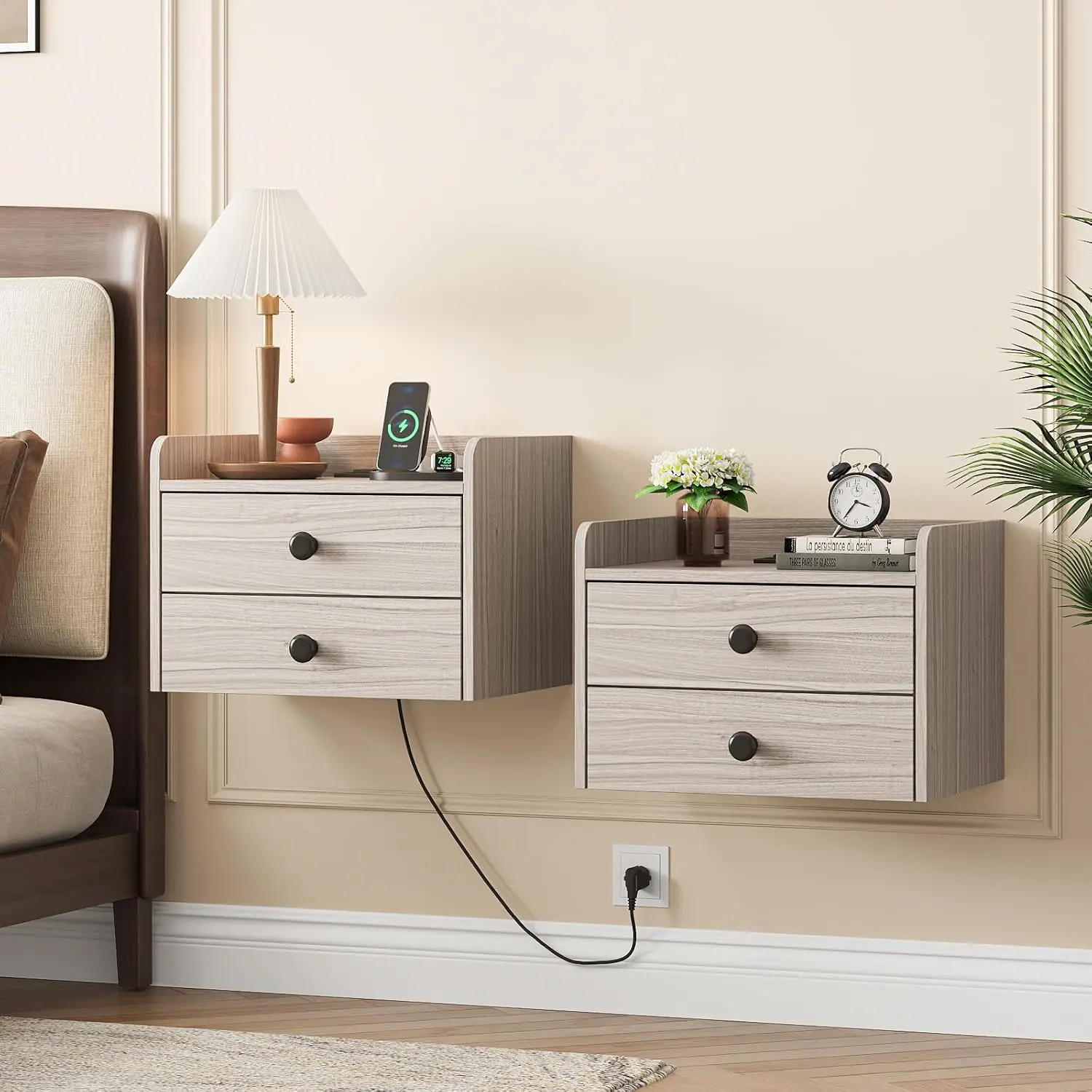 

Floating Nightstand Set of 2 with 2 Storage Drawers and Charging Station Wood Wall Mounted Bedside End Table Modern Night Stands