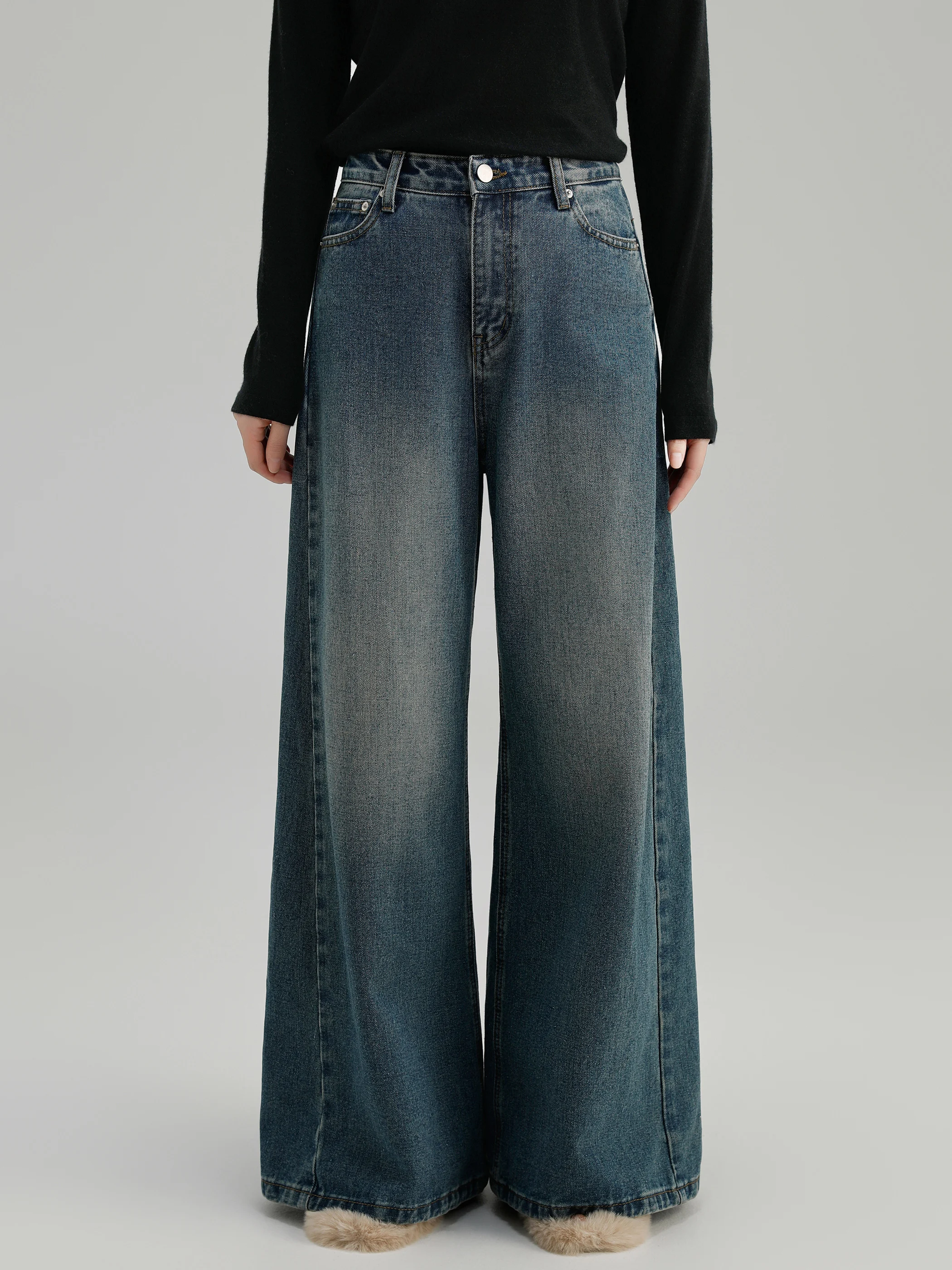 

Джинсы женские с высокой талией, широкие, синие, винтажные, прямые, удлиненные, стройнящие, коллекция IUMOON Winter