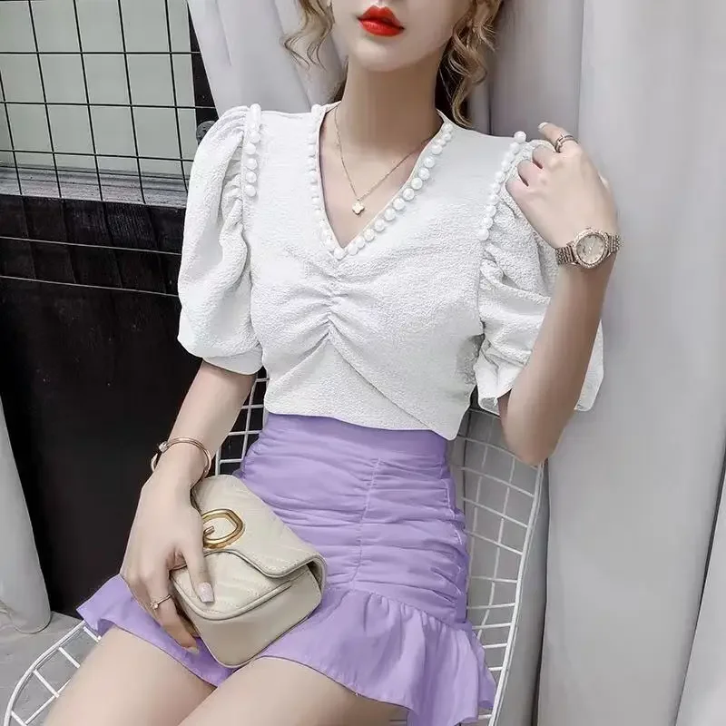 

Chiffon Design New Style Pleated Temperament Slimming Puff Sleeve V-neck Shirt