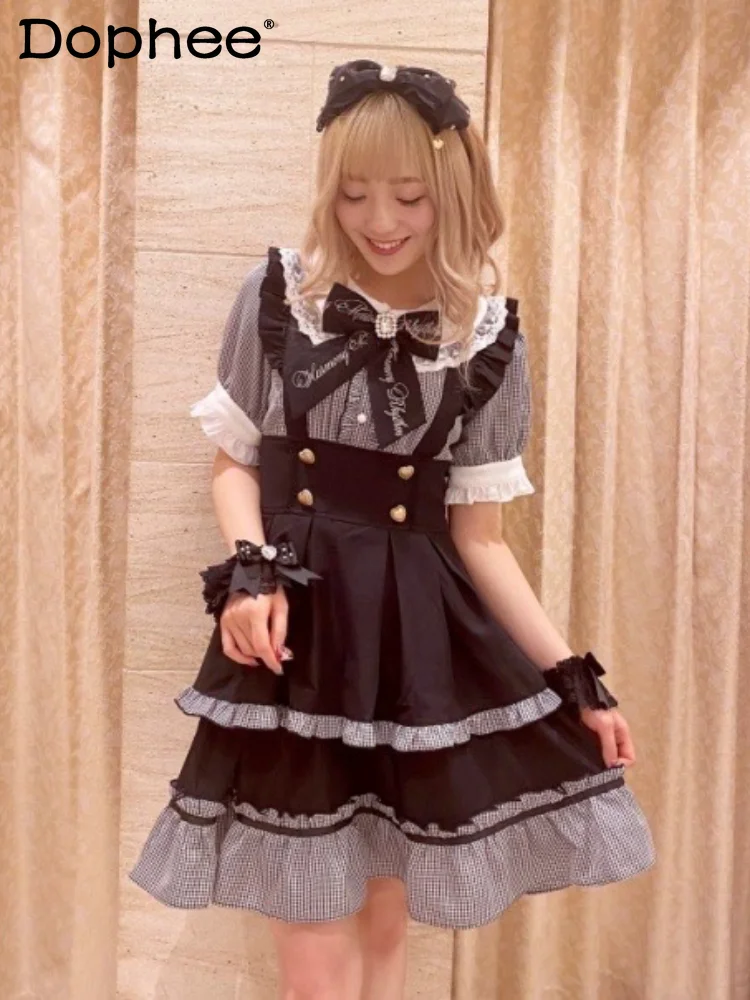 

Japanese Classic Maid Costume Cosplay Dress Women 2024 Summer New Doll Collar Bow Long Dress High Waist Black Lolita Dress