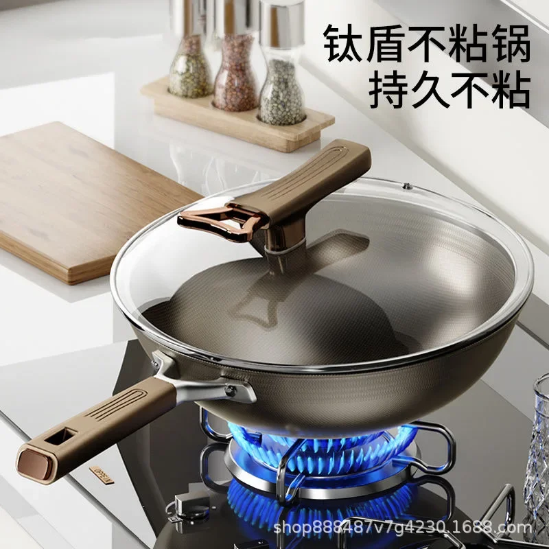 Double Sided Titanium Pan,Non Stick Pan, Household Stir Fry Pan, Induction Cooker with Titanium Stainless Steel Pan, Flat Bottom