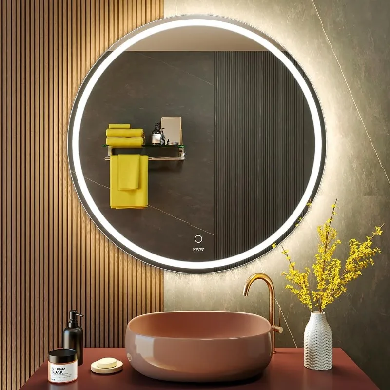 Large Modern LED Round Bathroom Vanity Mirror, Color Temperature Adjustable, Anti-Fog Dimmable Lights, Easy to Install