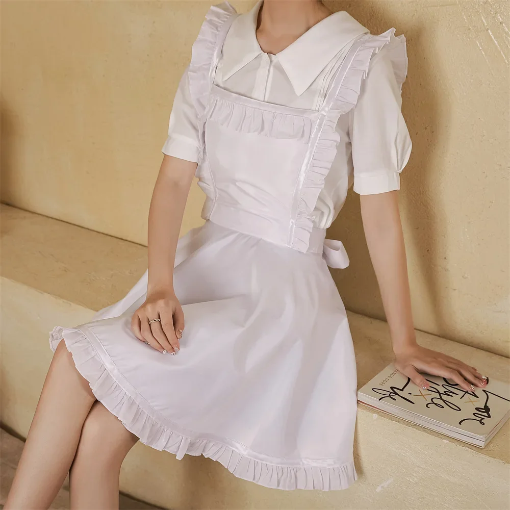 Aprons White Household Kitchen Waterproof Oil Proof Ruffle Edge Strap Overlapping Work Clothes Antifouling Simple Soild