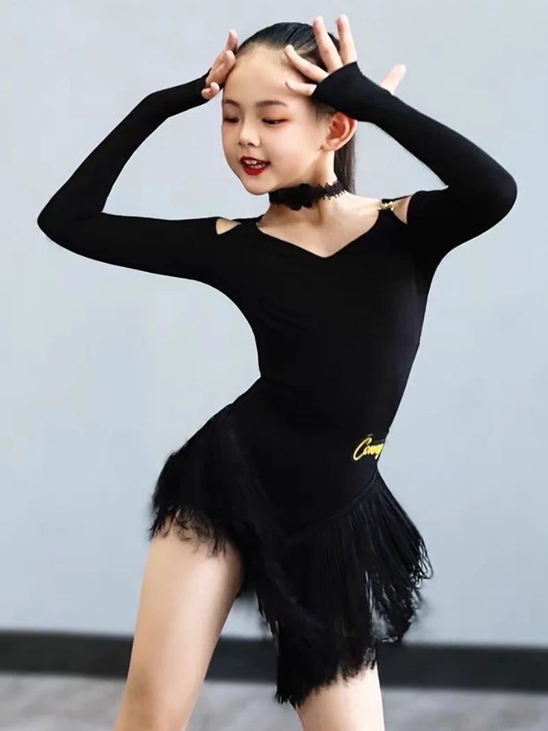 Costume fendu de classement pour femmes, vêtements de danse de salle de bal, uniforme de danse latine pour enfants filles, robe de compétition en maille à manches longues