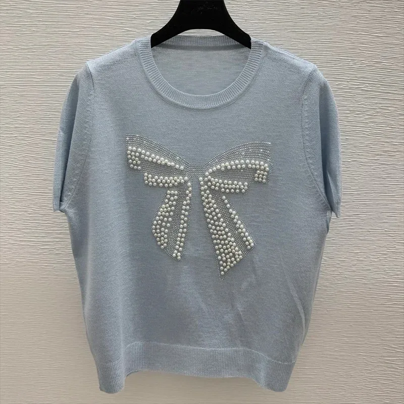 

Wonen sweater Oversized Tops Summer Tees Heavy Beading Bow Sweet Camisetas Casual Fashion Knitted beige,sky blue 2580276