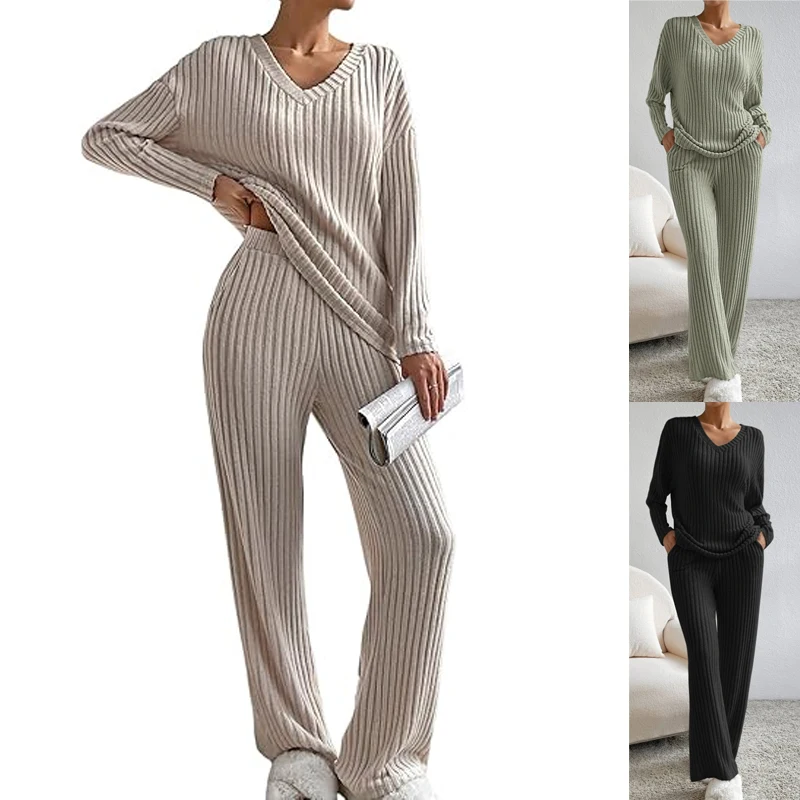 Women\'s Casual Knit V-Neck Long Sleeve Loungewear Set Solid Color Pajama Sets Home Casual Clothing Sleepwear