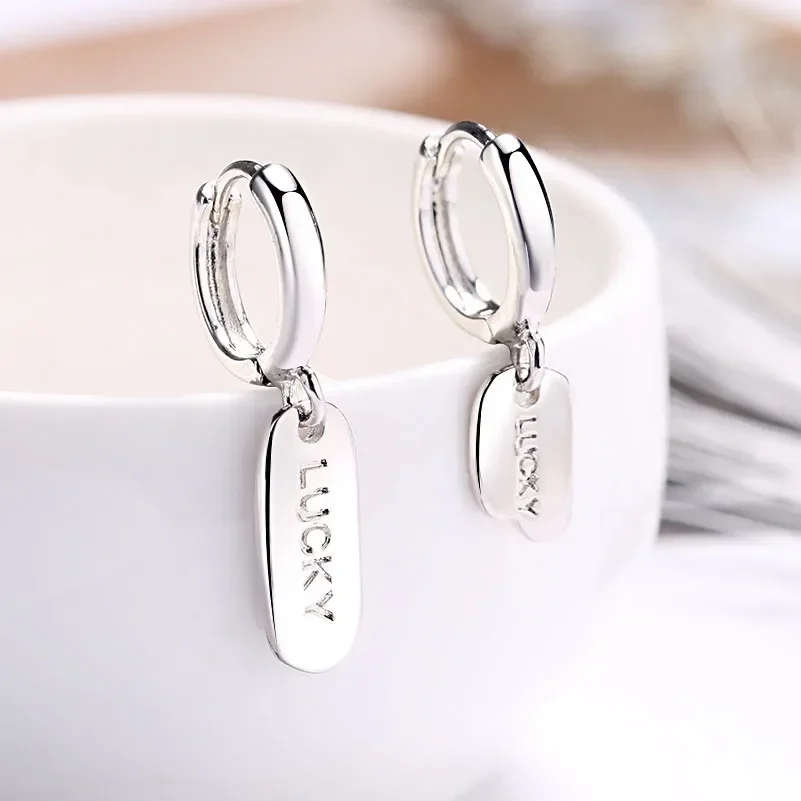 VIVILADY  925 Silver Geometric Square English Letter Hoop Earrings for Fashion Women Fine Jewelry Minimalist Accessories