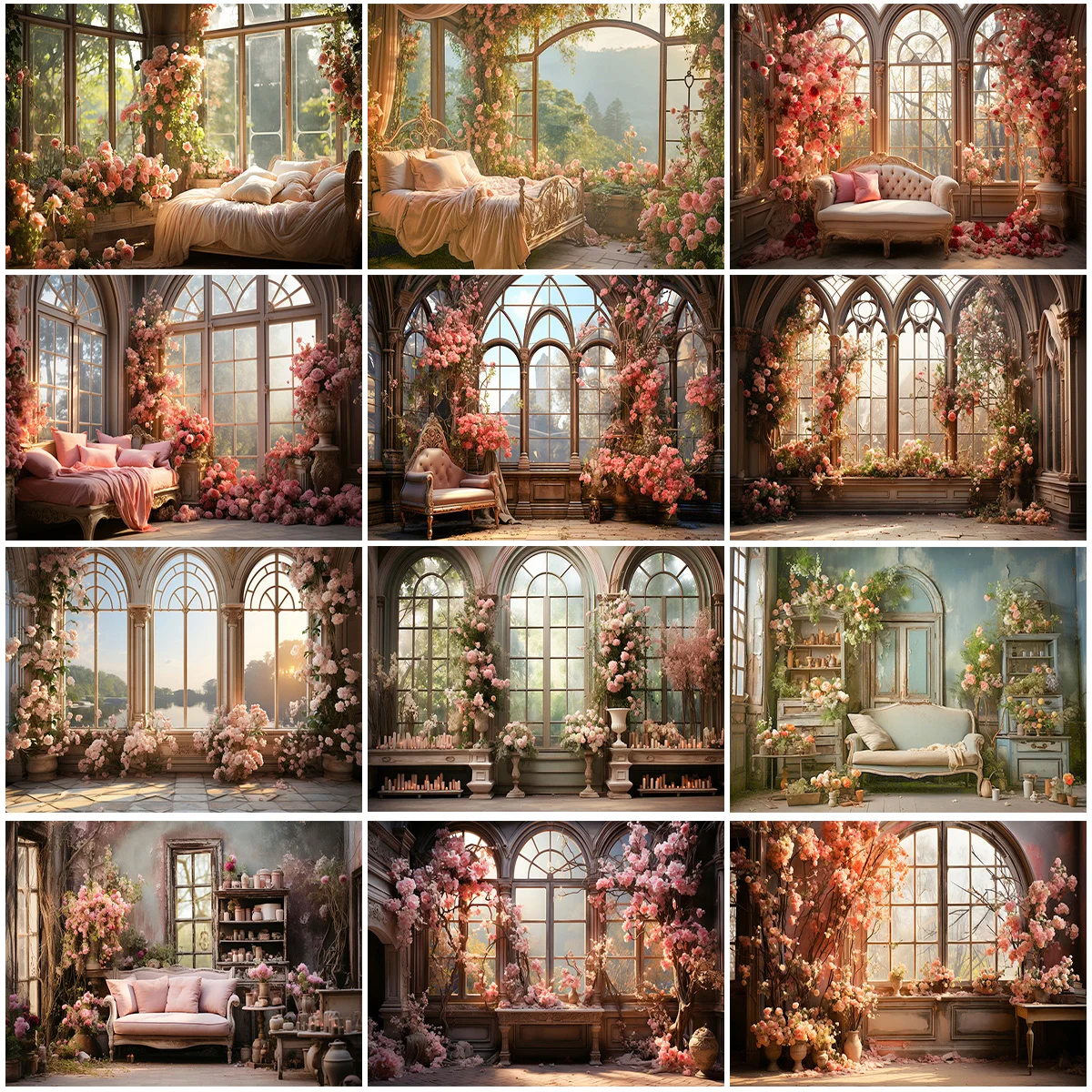 Spring Pink Flowers Photo Background Palace Garden Princess Photography Backdrop French Window of Bedroom Photo Studio Props