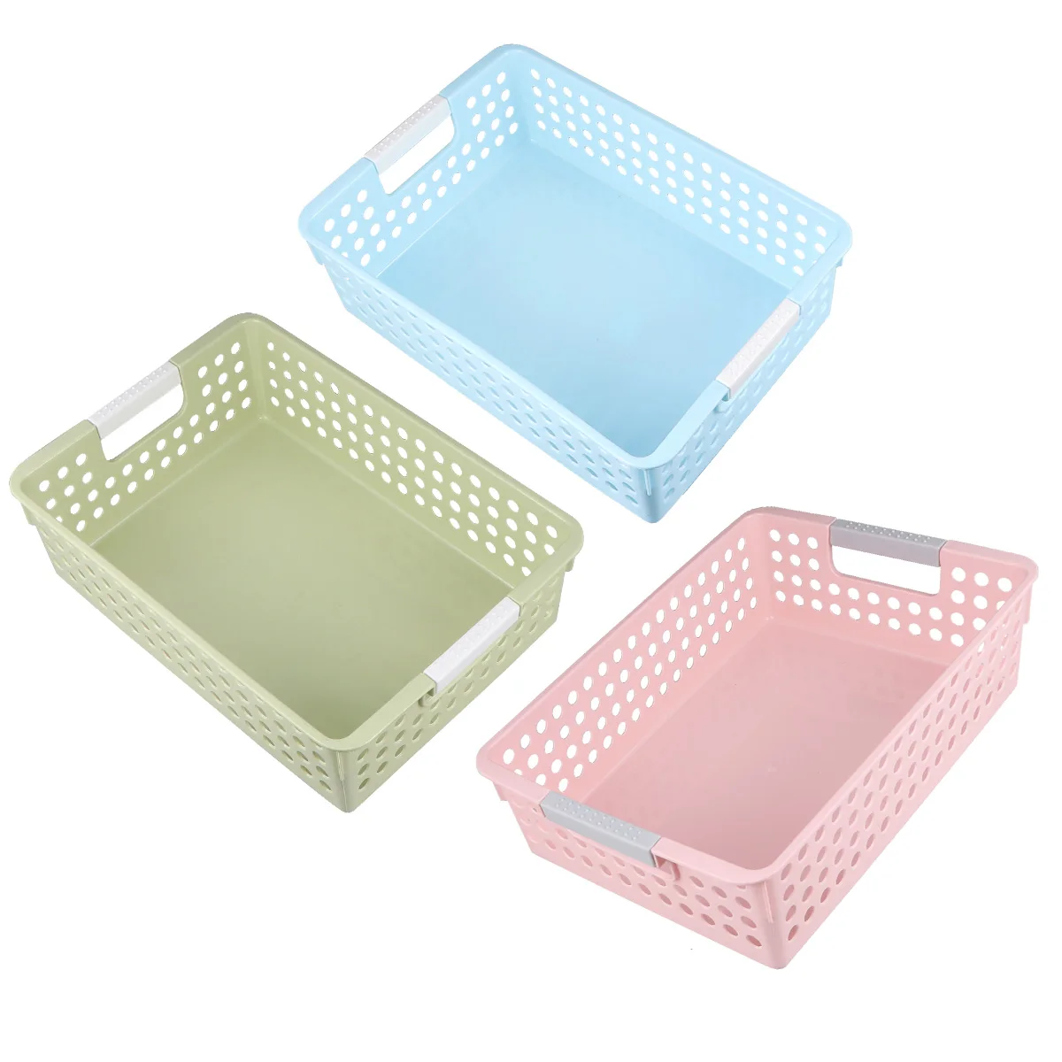 

3Pcs Plastic Storage Basket Desktop Hollow Out File Storage Box Container Document Organizer for Home Office (Pink+Green+Blue)