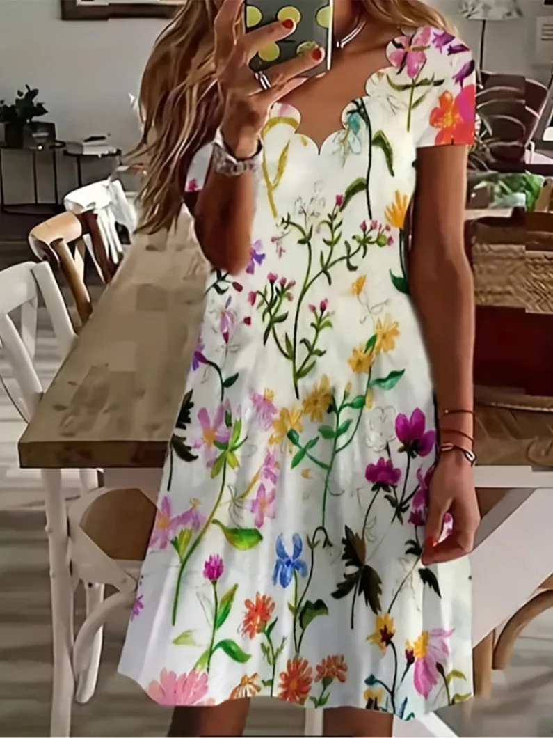 Frühling und Sommer Neues europäisches und N Damenkleid mit Digitaldruck, V-Ausschnitt und kurzen Ärmeln – Detail 4