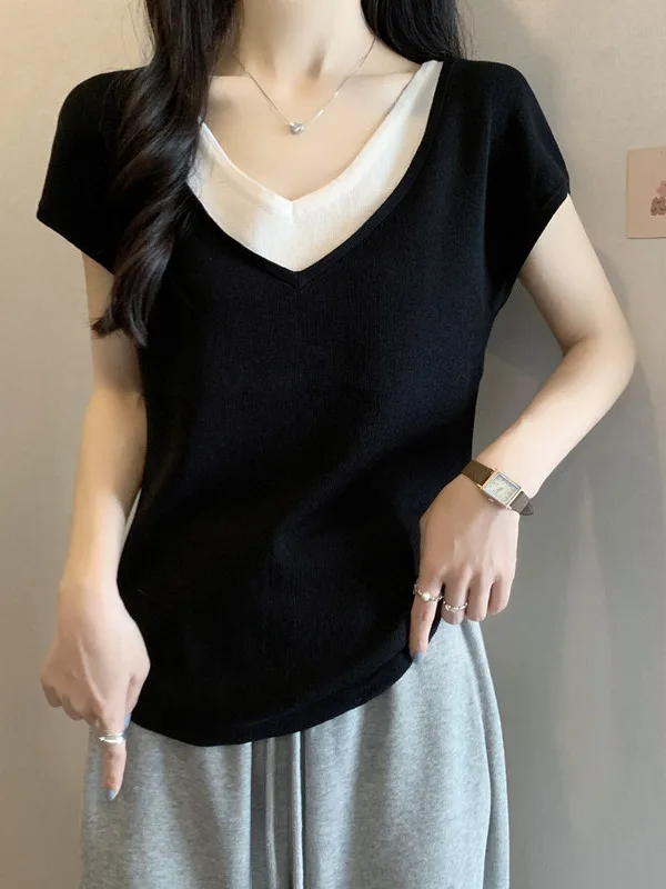 

plus Size Ice Silk Knitted Short Sleeve T-Shirt V-Neck Women Summer Slimming Top Shoulder Length Puffed Sleeves Casual Wear