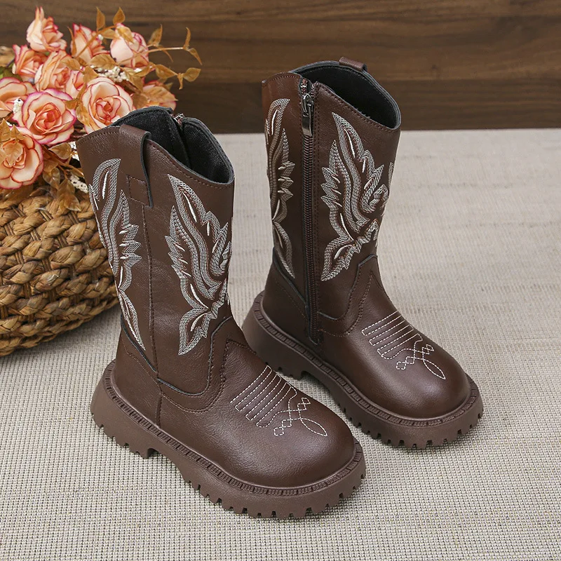 

2025 Children's PU Leather Boots Classic Western Cowboy Embroidery Girls Long Booties Kids Autumn Soft Sole Retro Princess Boots