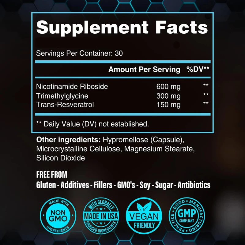 NAD supplement nicotinamide nucleoside containing trans resveratrol and TMG, supports cellular health,energy, and healthy aging