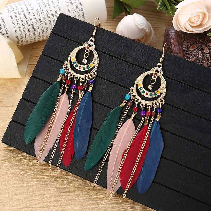 Böhmische lange Feder-Ohrringe für Frauen, klassische ethnische Retro-Temperament-Kette, Blatt-Perlen-Quasten-Ohrringe, Boho-Hochzeitsschmuck – Detail 20