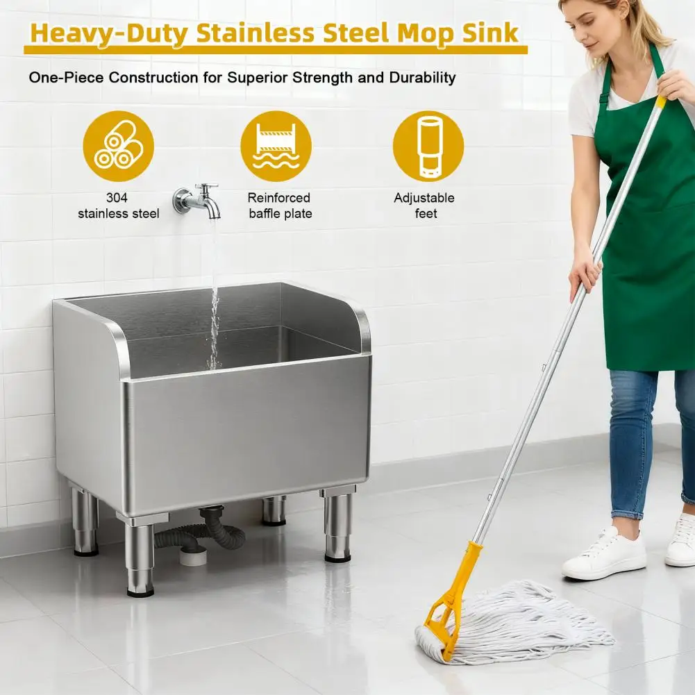 

Commercial Laundry Room Mop Sink 23.6 Inch Thickened Stainless Steel Floor Service Basin Cleaning Sink with Assemble Mop