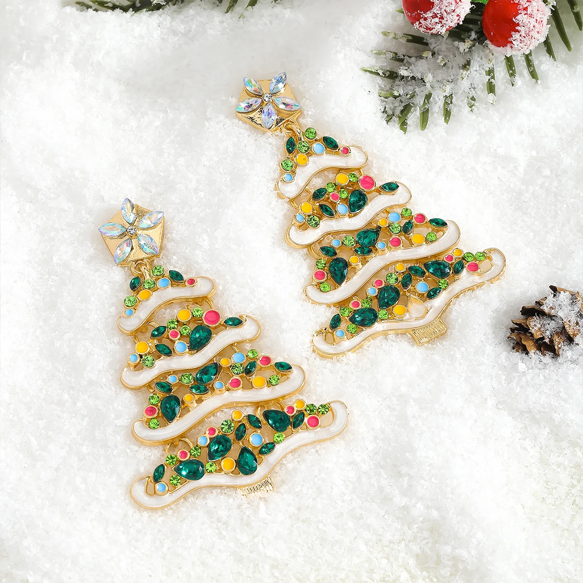زوج واحد من الأقراط المتدلية لشجرة عيد الميلاد، إكسسوارات أذن من سبائك الزركون الملونة اللامعة، هدية لحفلات العطلات ﻿