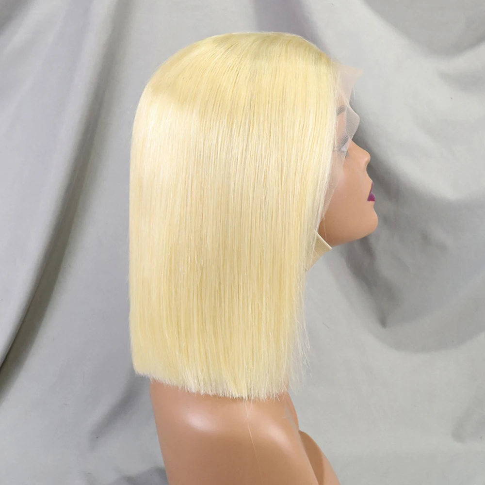 Peluca de cabello humano liso Bob corto de corte Romo de 300% de densidad, peluca de cabello Frontal de encaje transparente 13x4, Color rubio 613 para mujeres negras