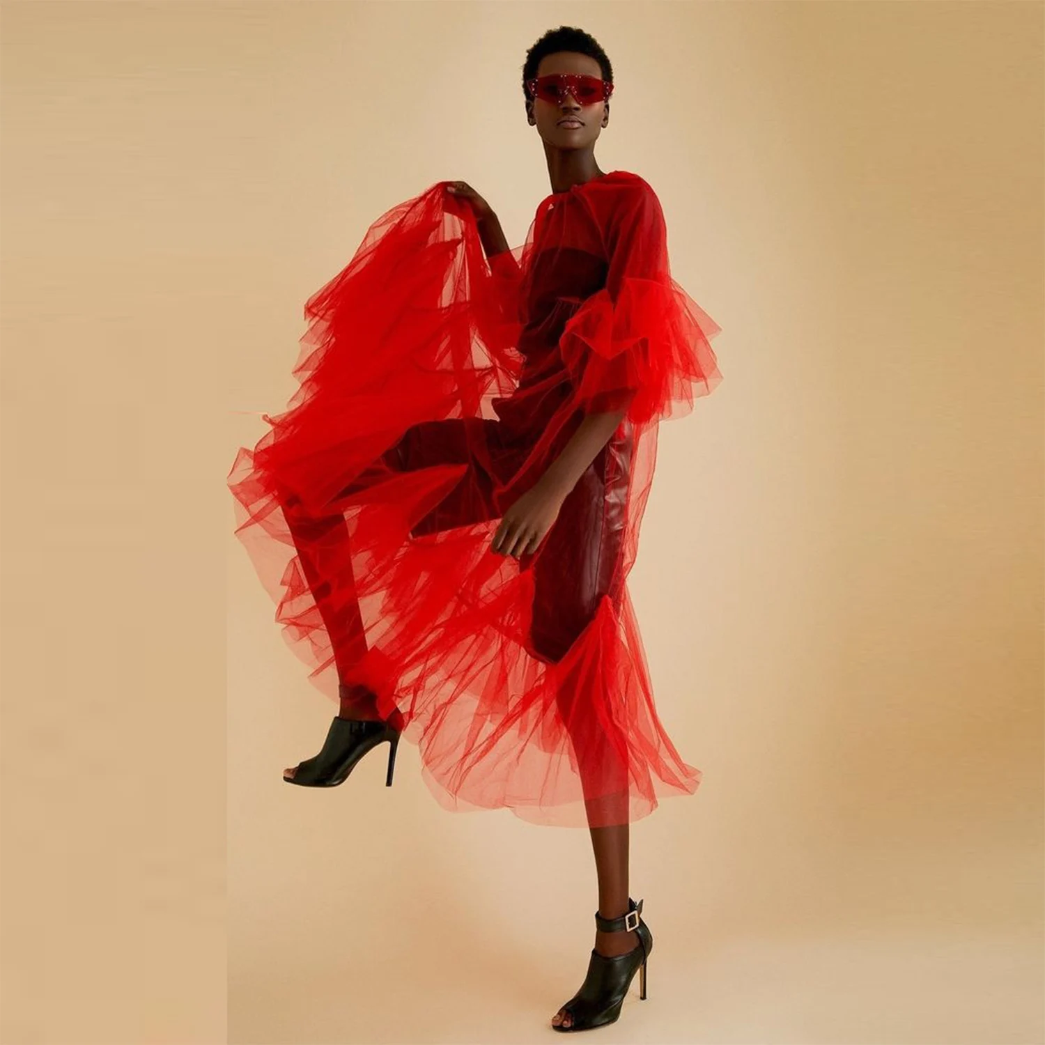 Sheer Tulle Dress Short Trumpet Sleeves Ruffled Mesh Tea Length Overlay Dress Women See Thru Party Dresses  Custom Color Size