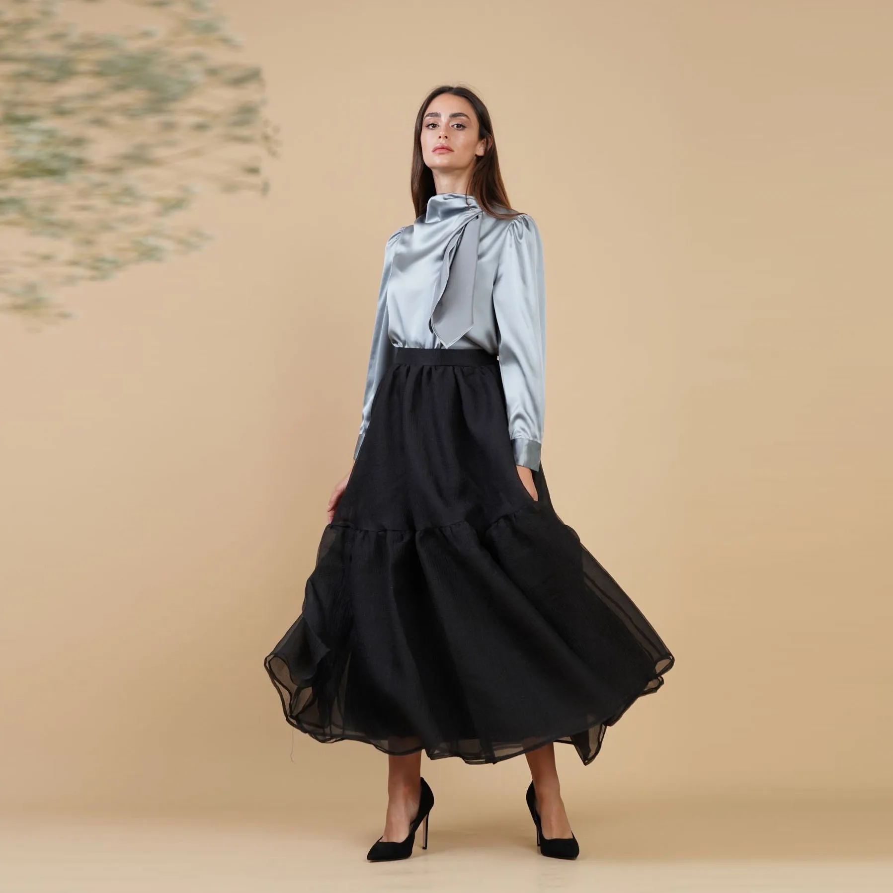 Elegant Basic Black Organza Ankle Length Women Skirts With Bright Line Details A-line Female Organza Skirt