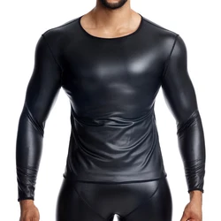 Mens Wet Look Long Sleeve T-shirt Top Underwear Body Shapers Shapewear Blouse