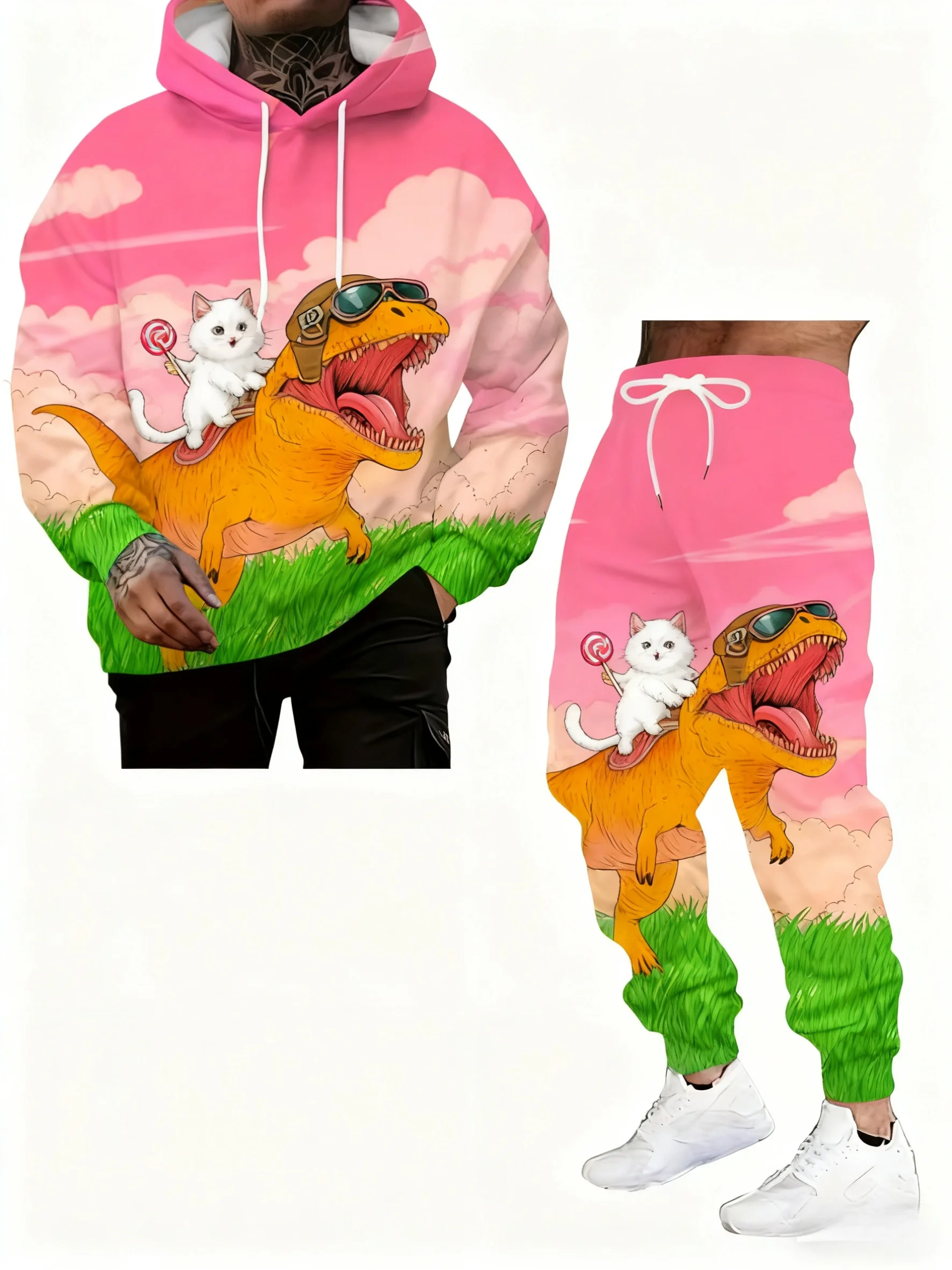 Funny Cat Dinosaur UFO Art 3D Print Boys Girls Hoodie Pants 2pcs Sets Man Clothing Children Fashion Outdoor Sportswear