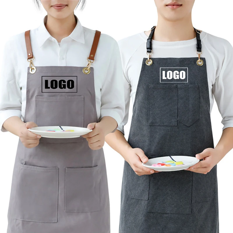 

Custom Embroidery Logo Thickened Canvas Kitchen Apron Beauty Salon Coffee Shop Attendant Accessories Leater Straps Apron