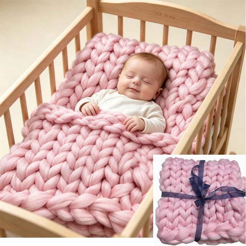 Newborn Photography Props Merino Wool Knitted Braid Blanket for Baby Photo Shoot Background Basket Stuffer Bump Wrap 50x50CM view 5