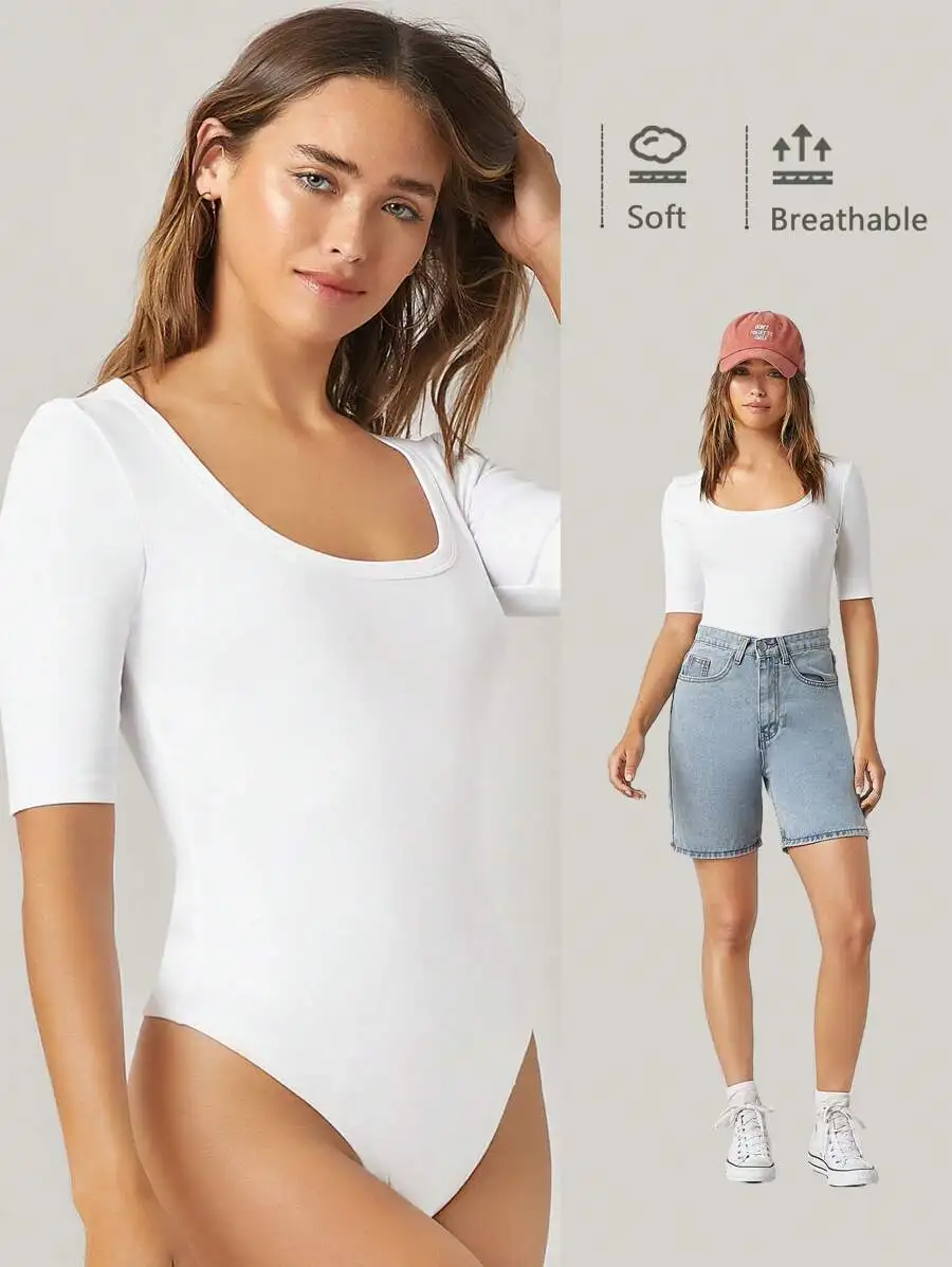 SHEIN BASICS Women's Solid Color Round Neck Short Sleeve Slim Fit Bodysuit, Casual Daily Wear Summer Clothes