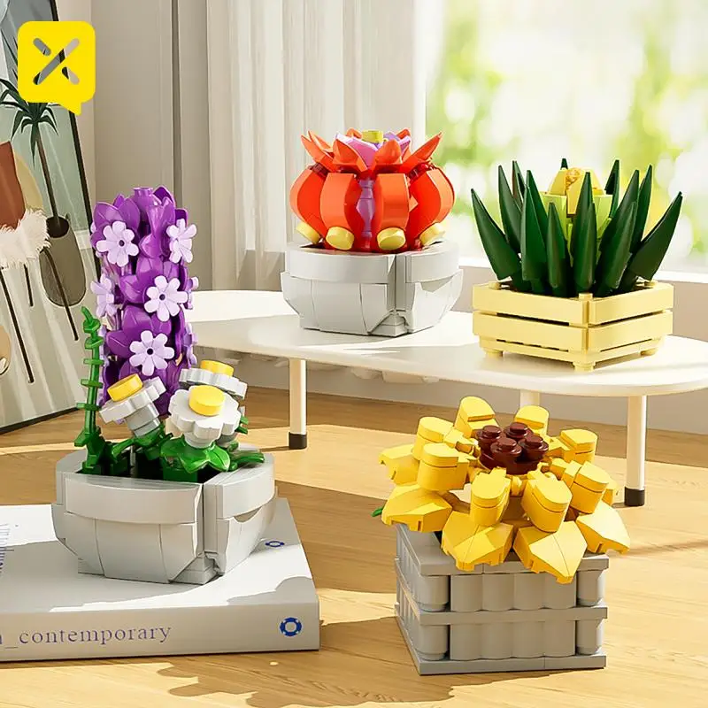 Building Blocks Flowers Plants Bonsai Succulent Potted Assembly Bricks Model Desktop Decoration Girls Toys Kids Christmas Gifts