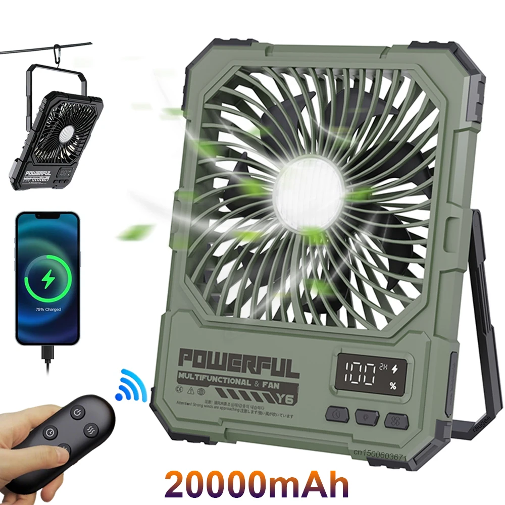 

Desktop Fan 20000mAh Rechargerable Portable Foldable Table Fan Camping Hang Ceiling Fan Air Circulator with Light Remote Control
