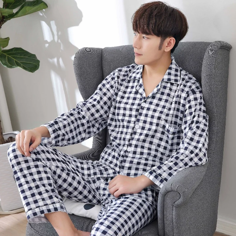 Spring Autumn Men's Pajamas Set Lapel Long Sleeve Cardigan Sleepwear Pants Plus Size Casual Loose Home Suit Plaid Loungewear