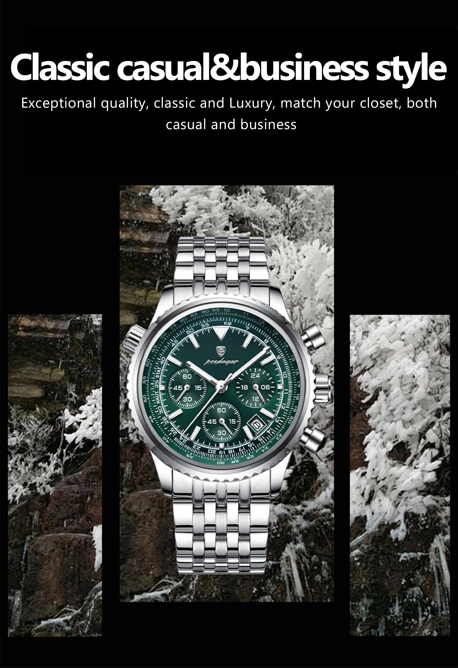 POEDAGAR Luxusuhren für Herren, Datum, Chronograph, Edelstahl, Sport-Herrenuhr, wasserdicht, leuchtender Quarz, Militär-Herrenuhr – Detail 3