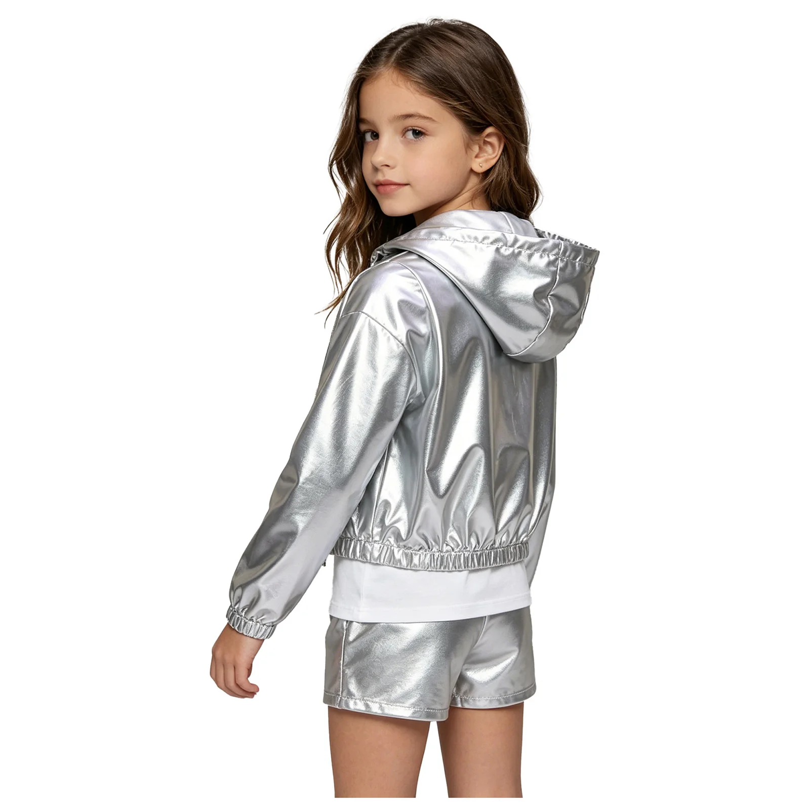 Girls Metallic Hip Hop Jazz Street Dance Hooded Jacket Long Sleeve Zipper Shiny Hoodies Coat with Pockets for Club Disco Rave