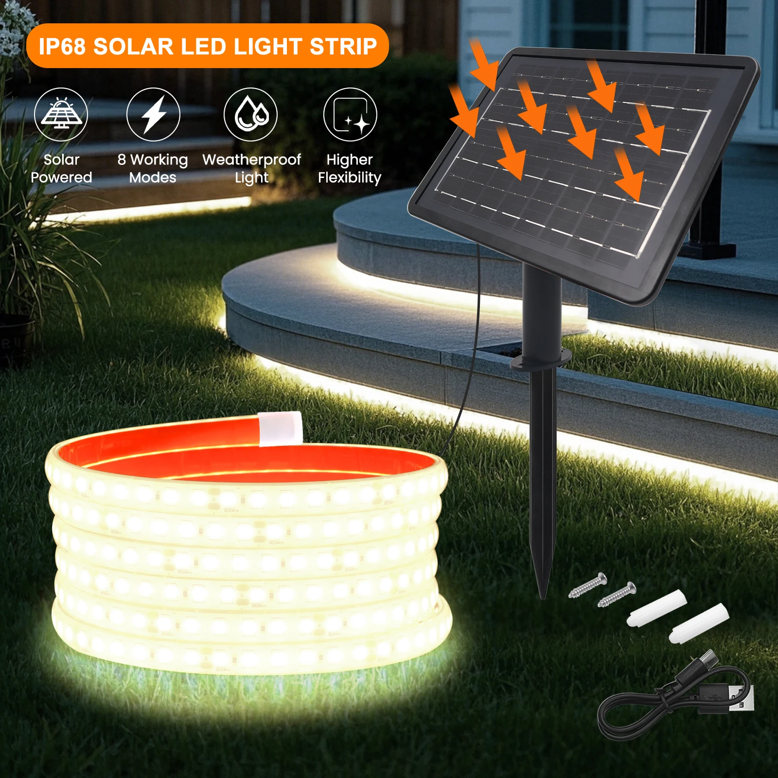 IP68 Waterproof Solar LED Strip Light 24V SMD2835 120Leds/m Flexible Tape Ribbon Diode with 8 Mode Solar Panel Home Garden Lamp