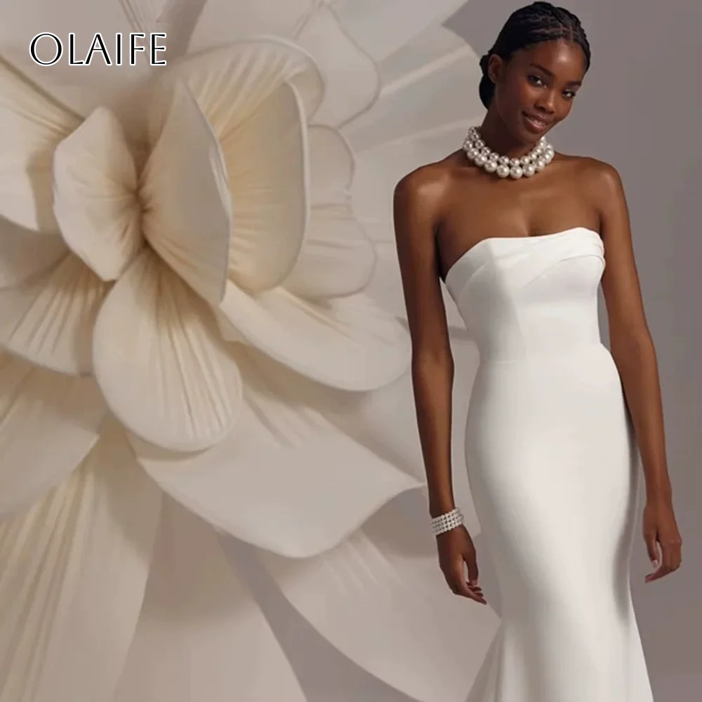 신부를 위한 머메이드 스트랩리스 새틴 웨딩드레스 민소매 플리츠 스윕 트레인 맞춤 제작 웨딩드레스