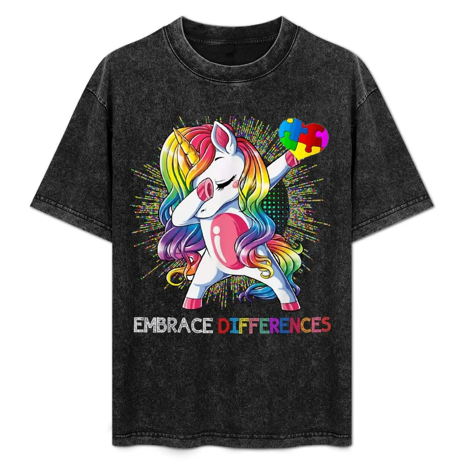 

Embrace Differences Dabbing Unicorn Shirt Autism Awareness T-Shirt Big Size Short Sleeve Casual Top