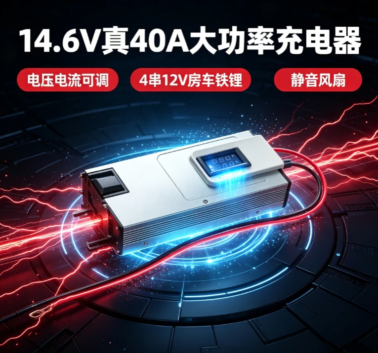 14.6V 40A Adjustable Voltage Current Charger With Voltmeter 4S 12V LiFePO4 Battery Charger For RV Camper Built-in Silent Fan