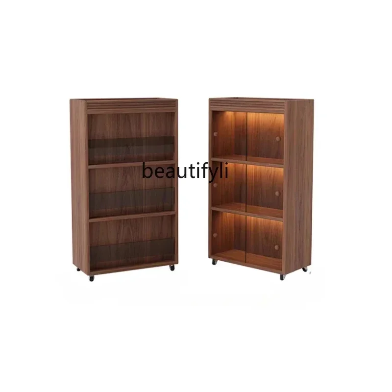 

A46 Q Dust-Proof Bookcase with Glass Door Black Walnut Bookshelf Living Room Home Floor Magazine Solid Wood Locker