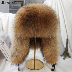 Men Outdoor Winter Natural Real Fox Fur Bombers Hats Warm Soft Quality Real Raccoon Fur Cap Luxury Real Sheepskin Leather Hat