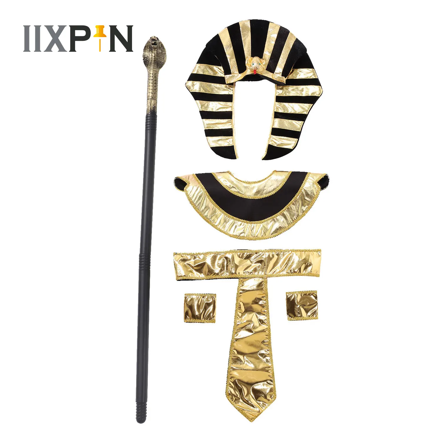 Antigo faraó egípcio Cosplay Traje para homens e mulheres, acessório de Halloween, Gold Trims Cleopatra Ancient Roman Queen Party Props