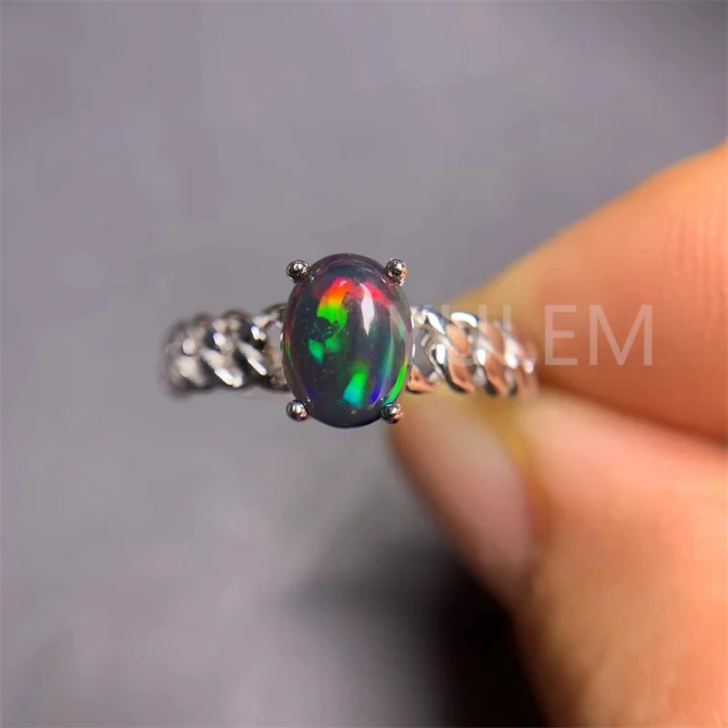 YULEM Brilliant Black Natural Opal Ring 6mm*8mm Natural Opal 925 Silver Ring 18K Gold Plating Gemstone Jewelry