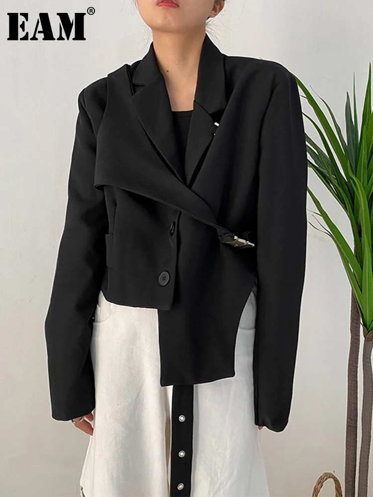 [EAM]  Women Black Irregular Ribbon Short Big Size Blazer New Lapel Long Sleeve Jacket Fashion Tide Spring Autumn 2024 1DF0335