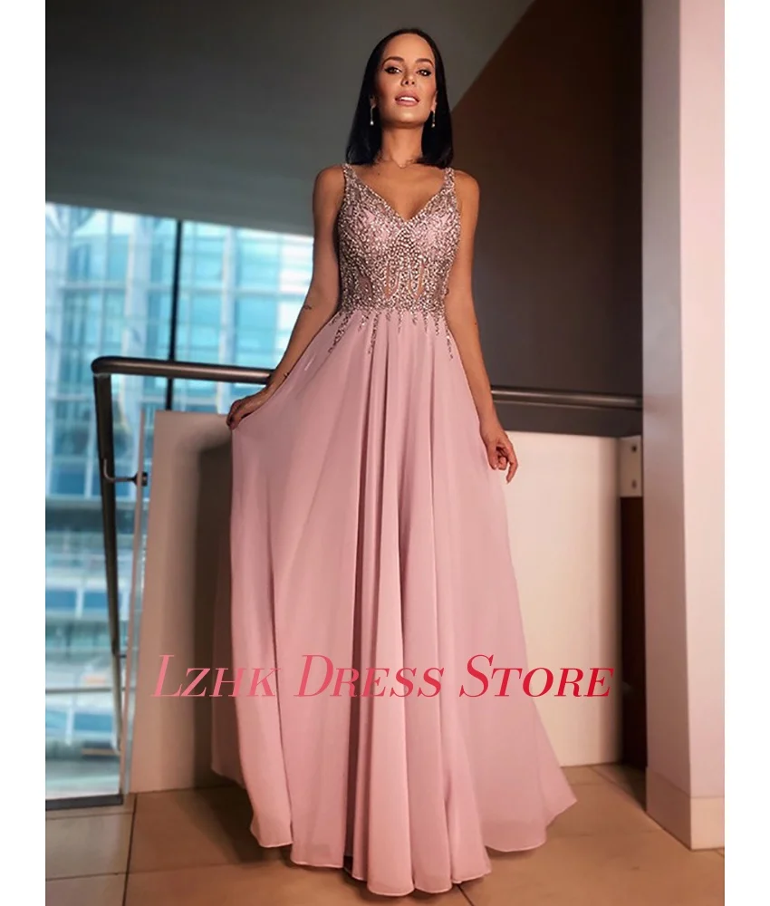 Aangepaste Luxe Chiffon A-lijn Kristal Spaghettibandjes Avondjurk Mode Lieverd Mouwloos فسات dhás namiة