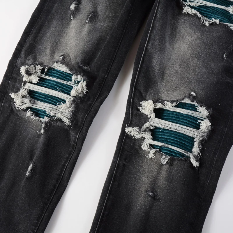 High Street Designer Fashion Men Jeans Retro Black Gray Stretch Slim Fit Patched Ripped Jeans Men Brand Hip Hop Y2K Denim Pants