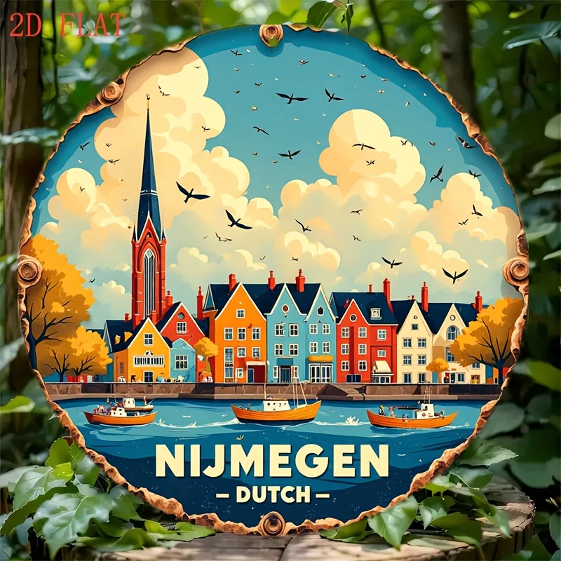 1pc 2D Flat Aluminum Posters Dutch Nijmegen River View Wall Art - Vintage European Riverside Decor Colorful Houses Boats - Light