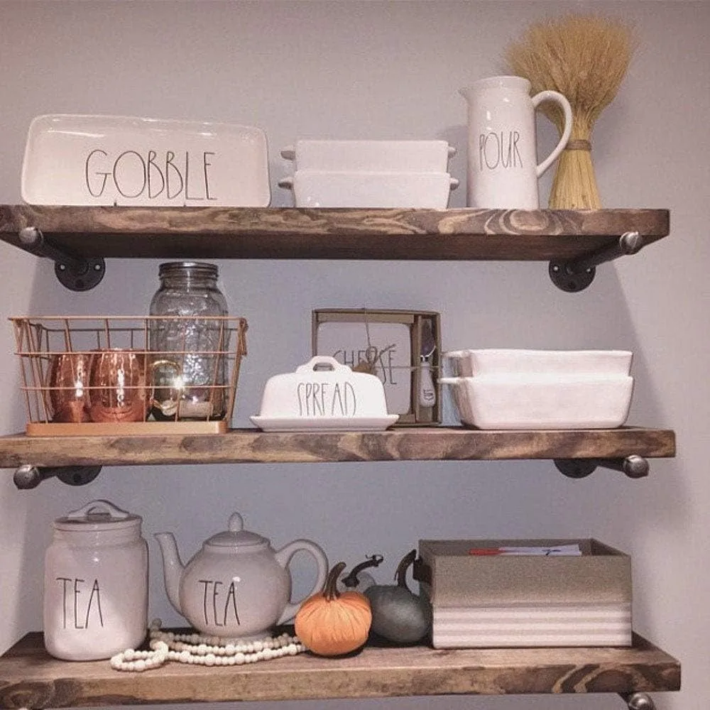 

Industrial Floating Shelves - Wall Mounted Hanging Shelves, Rustic Wood with Pipe Hardware Brackets (Set of 3, 1.5'' X 7.25'', S