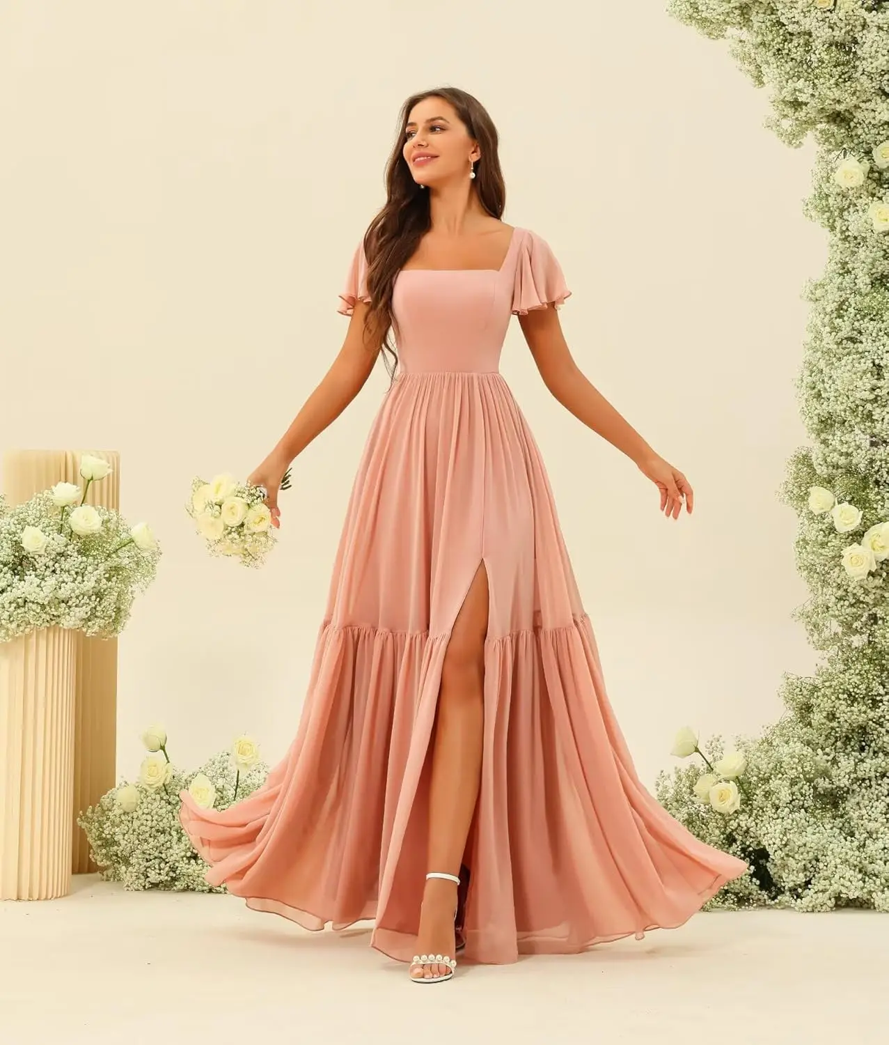 Chiffon Long Maxi Formal Party Dress 2025 Fashion Square Collar Wedding Bridesmaid Dress with Swinging Sleeves And Pockets