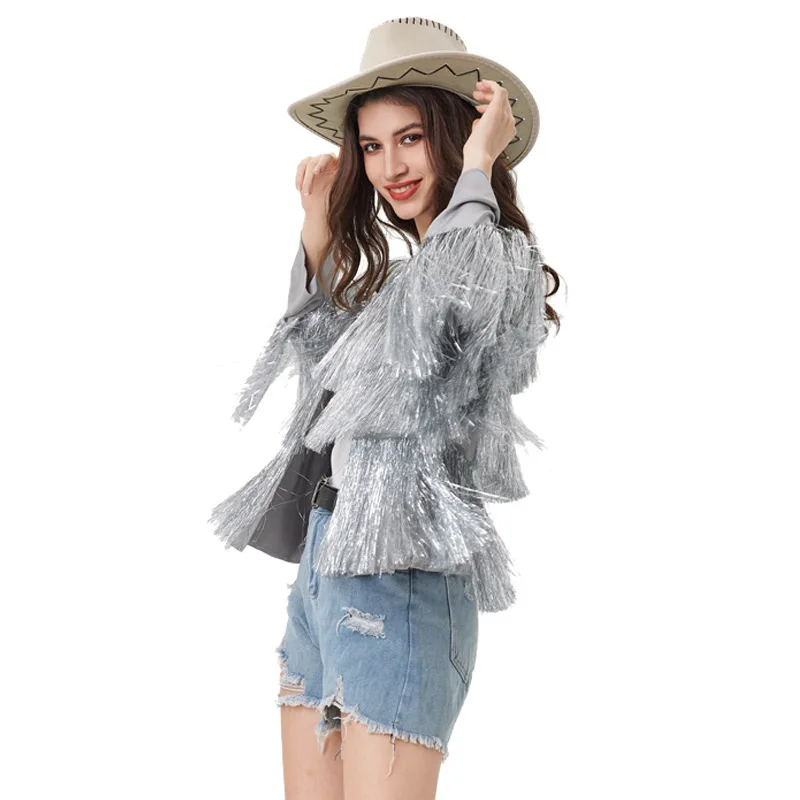 Spring Summer New European American Silver Tassel Long Sleeve Jacket Women's Loose Cardigan Lightweight Outerwear