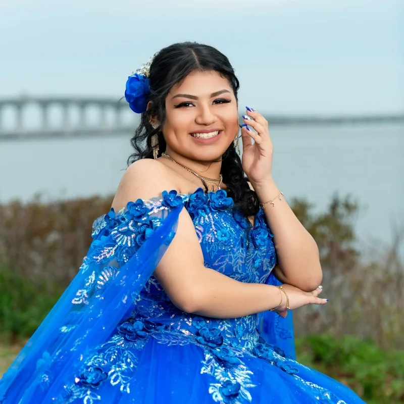 

Shiny Royal Blue Quinceanera Dress off-shoulder 3D flower glitter Decal Lace Long tail Vestidos De 15 Quinceanera ﻿Customize
